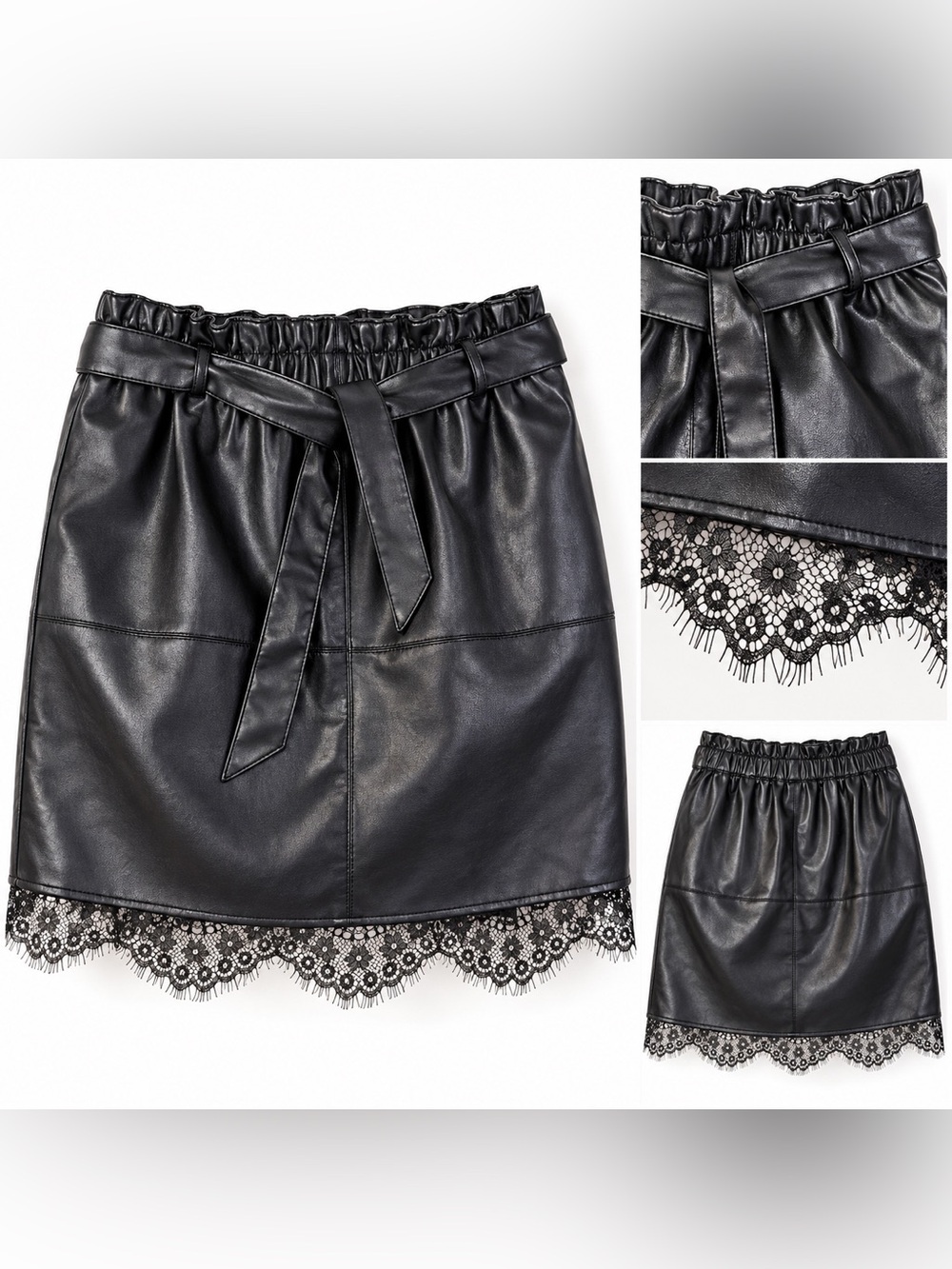 ZARA Black Faux Leather Lace Trim Mini Skirt Size L Tie Waist Goth